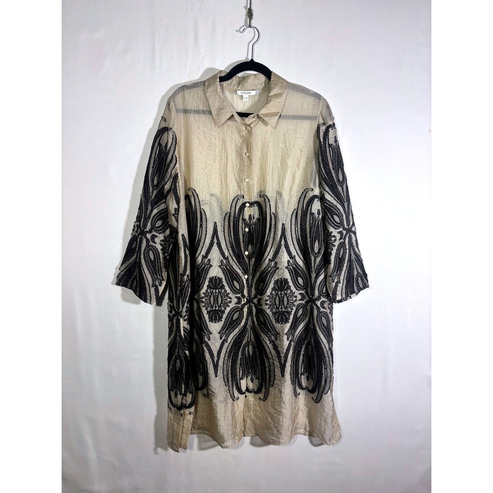 Classic Glam Boho Chico's Embroidered Sheer Tunic Top Women Size 2 L Gold Black